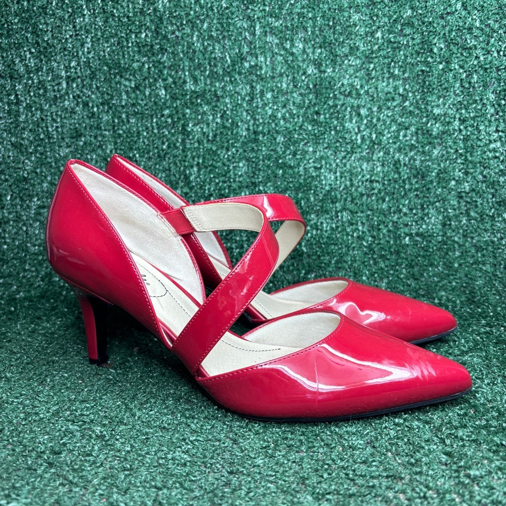 LifeStride Suki Patent Pointed Toe Asymmetrical Dress Pumps Red Womens Sz 9 Wide